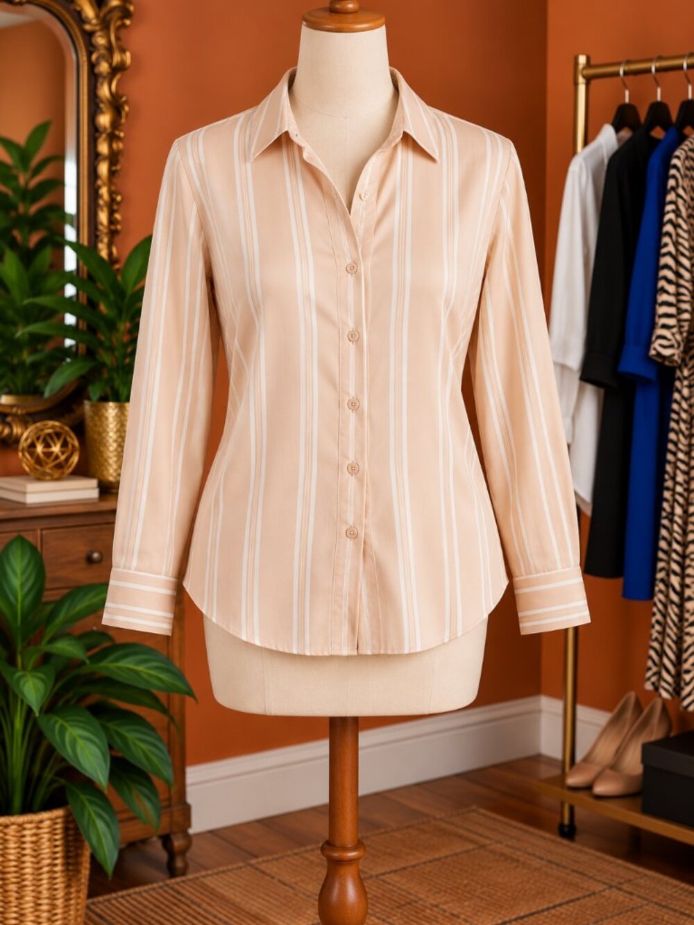 Satin Striped Cream Button-Up Women's Top